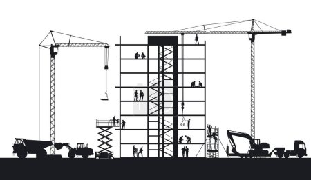 Construction company with builders and construction machines illustration
