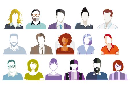 Téléchargez les illustrations : Portrait de groupe de personnes, visages isolés sur fond blanc. illustration - en licence libre de droit