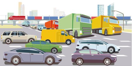 Téléchargez les illustrations : Voiture et camion sur le carrefour routier dans l'illustration de l'embouteillage - en licence libre de droit