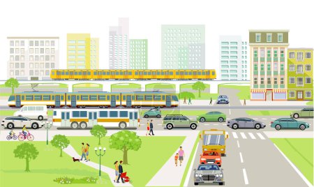 Ilustración de Vista general de la ciudad con tráfico y casas, ilustración de la información - Imagen libre de derechos