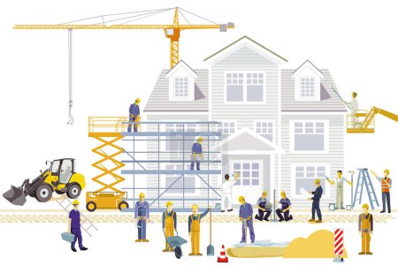 Téléchargez les illustrations : Maison de chantier avec artisans et machines de construction, illustration - en licence libre de droit