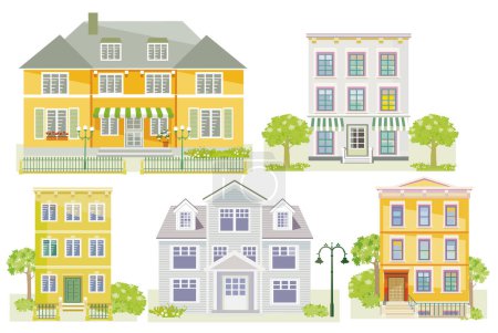 Illustration for Set of houses and apartment buildings, country houses, wooden houses, family houses, isolated on white background. illustration - Royalty Free Image