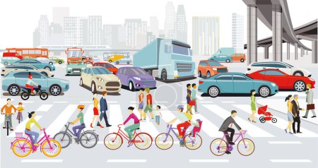 Illustration for Urban silhouette of a big city with traffic and pedestrians, panorama, , illustration - Royalty Free Image