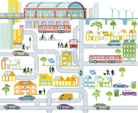 Illustration for City overview with traffic and houses and train station, information illustration - Royalty Free Image