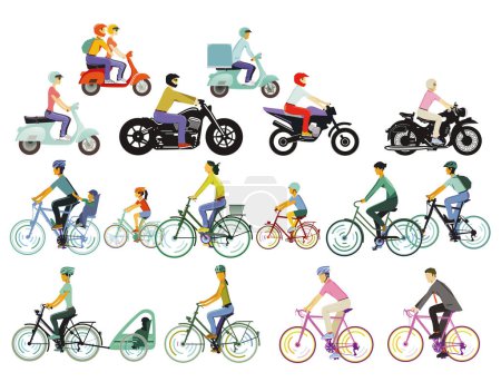 Ilustración de Conjunto de motociclistas y ciclistas, ilustración - Imagen libre de derechos