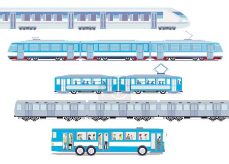 Set of passenger trains, tram, high speed train and subway train, illustration