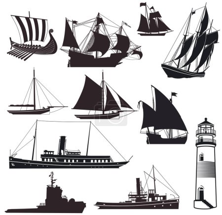 Illustration for Lighthouse with ships and sailing ships isolated on white, illustration - Royalty Free Image