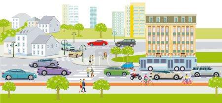 Illustration for Urban silhouette of a city with traffic and pedestrians, illustration - Royalty Free Image