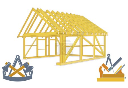 Illustration for Build a wooden house with a carpenter and joiner illustration - Royalty Free Image