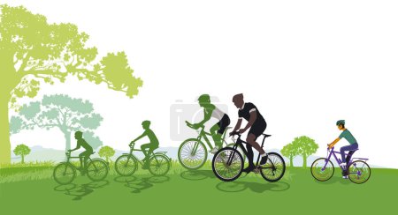 Illustration for Mountain biking with family in group, illustration - Royalty Free Image