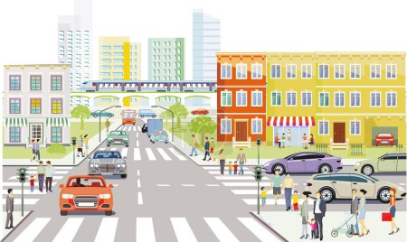 Illustration for City overview of a big city with traffic and pedestrians, illustration - Royalty Free Image