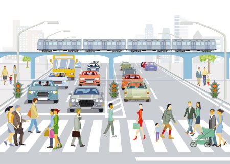 Ilustración de Vista general de una gran ciudad con tráfico y peatones, ilustración - Imagen libre de derechos