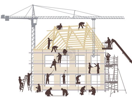 Téléchargez les illustrations : Construction de maisons avec artisanat et constructeurs, charpentiers illustration - en licence libre de droit