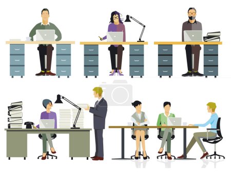 Ilustración de Trabajo de oficina en el escritorio, discusión de los empleados, ilustración - Imagen libre de derechos