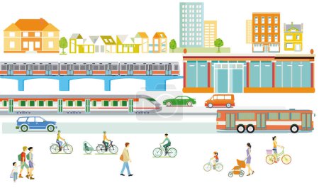 Rail transport and road traffic with railway station, people illustration