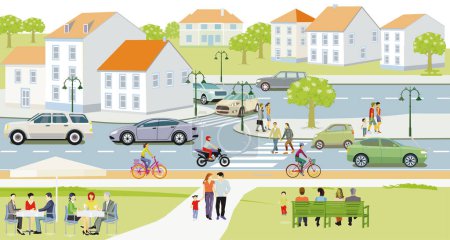 Ilustración de Tráfico por carretera con peatones, ciclistas y tráfico por carretera,, ilustración - Imagen libre de derechos