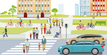 Illustration for Residential area silhouette of a city with traffic and pedestrians, illustration - Royalty Free Image