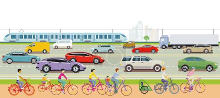 Illustration for Road traffic with cyclists and express train,, illustration - Royalty Free Image