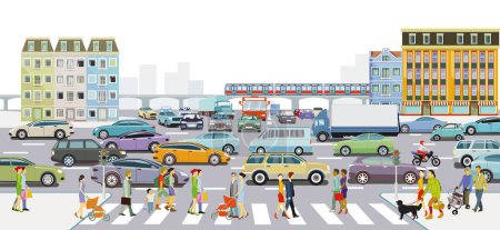 Ilustración de Silueta urbana de una ciudad con tráfico y gente, ilustración - Imagen libre de derechos