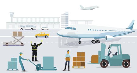 Illustration for Air freight at the airport on the tarmac with airplane,  illustration - Royalty Free Image