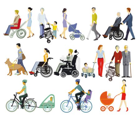 Ilustración de Grupo de personas con discapacidad y andadores aislados - Imagen libre de derechos