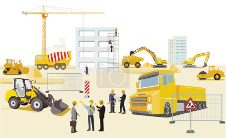 Téléchargez les illustrations : Entreprise de construction avec des constructeurs et des machines de construction illustration - en licence libre de droit