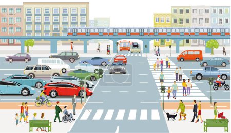 Ilustración de Silueta de la ciudad de una gran ciudad con gente y atasco de tráfico, ilustración - Imagen libre de derechos
