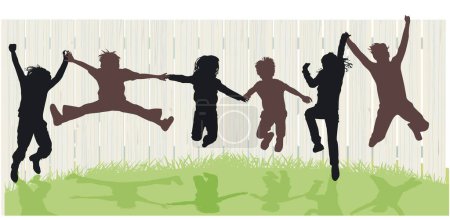 Ilustración de Un grupo de niños saltando felices juntos, ilustración - Imagen libre de derechos