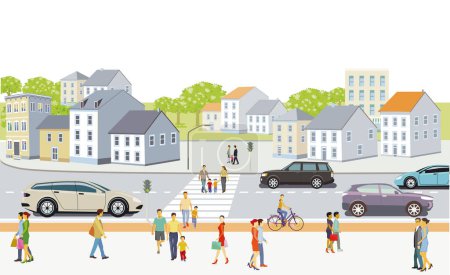 Ilustración de Tráfico por carretera con peatones y paso peatonal, ilustración - Imagen libre de derechos