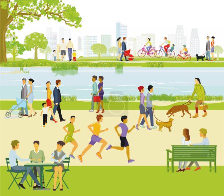 Illustration for Groups of people by the water with families, parents and children, illustration - Royalty Free Image
