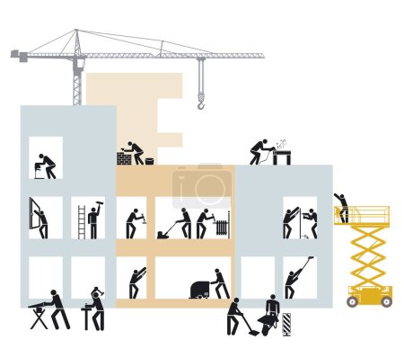 Téléchargez les illustrations : Bâtiment de maison chantier de construction avec travailleurs de la construction pictogramme illustration - en licence libre de droit