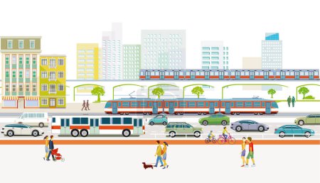 Ilustración de Tráfico por carretera y tráfico ferroviario con ilustración de personas - Imagen libre de derechos