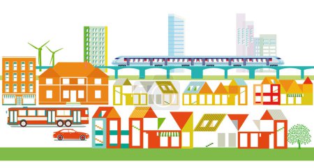 Ilustración de Silueta urbana de una ciudad con tráfico rodado y ferroviario, ilustración - Imagen libre de derechos