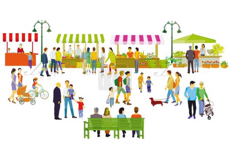 Ilustración de Silueta de ciudad con grupos de personas en tiempo libre en zona residencial, ilustración - Imagen libre de derechos