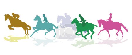 Téléchargez les illustrations : Un groupe d'cavaliers isolés sur une illustration blanche - en licence libre de droit
