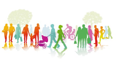 A large colorful group of people in the city. illustration