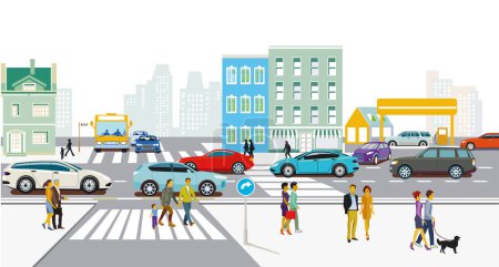 Téléchargez les illustrations : Silhouette urbaine d'une ville avec trafic et personnes, illustration - en licence libre de droit