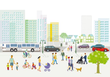 Illustration for Urban silhouette of a city with traffic and people, illustration - Royalty Free Image