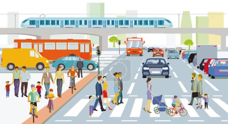 People on the crosswalk and road and rail traffic, illustration