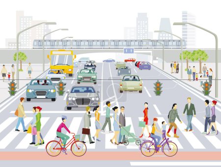 Ilustración de Personas en el paso de peatones y el tráfico por carretera y ferrocarril, ilustración - Imagen libre de derechos