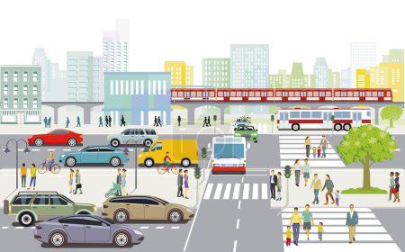 Illustration for Road traffic and elevated train with city bus, people in the big city, illustration - Royalty Free Image