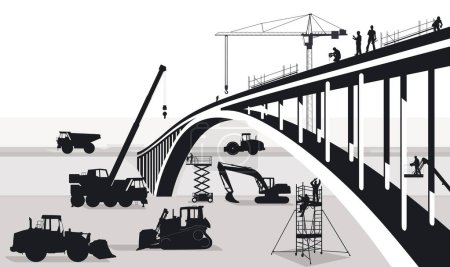 Téléchargez les illustrations : Site de construction de ponts avec chargeuse sur pneus et grue - en licence libre de droit