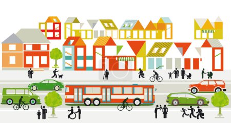 Illustration for City with suburb, road traffic, apartment buildings and pedestrians on the sidewalk, illustration - Royalty Free Image