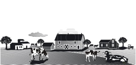 Téléchargez les illustrations : Vaches au pâturage avec ferme, noir et blanc sur fond blanc, illustration - en licence libre de droit