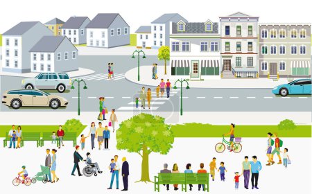 Ilustración de Tiempo libre con la familia en el suburbio y la ilustración de tráfico por carretera - Imagen libre de derechos