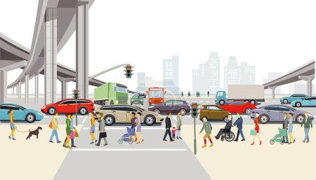 Illustration for City silhouette of a city with road traffic and people, illustration - Royalty Free Image
