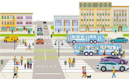 Ilustración de Ciudad con tráfico por carretera, parada de autobús y peatones en el cruce de cebra, ilustración - Imagen libre de derechos