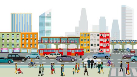 Ilustración de Silueta de ciudad de una ciudad con ilustración de tráfico - Imagen libre de derechos