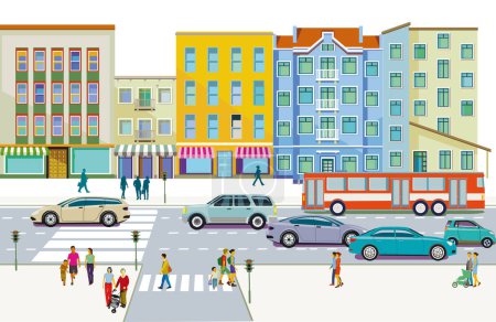 Ilustración de Silueta de ciudad de una ciudad con tráfico y gente, ilustración - Imagen libre de derechos