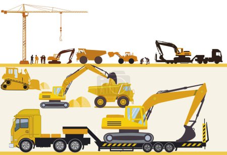 Téléchargez les illustrations : Machines de construction sur le chantier, illustration - en licence libre de droit
